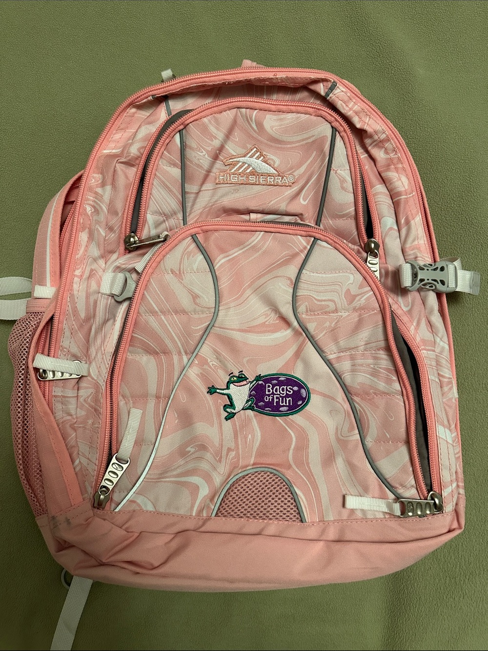 High Sierra Pink Swirl Backpack with Bags of Fun Patch
